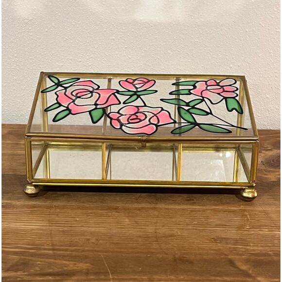 Vintage Stained Glass Jewelry Trinket Box Pink Rose Floral Brass - Picture 2 of 11